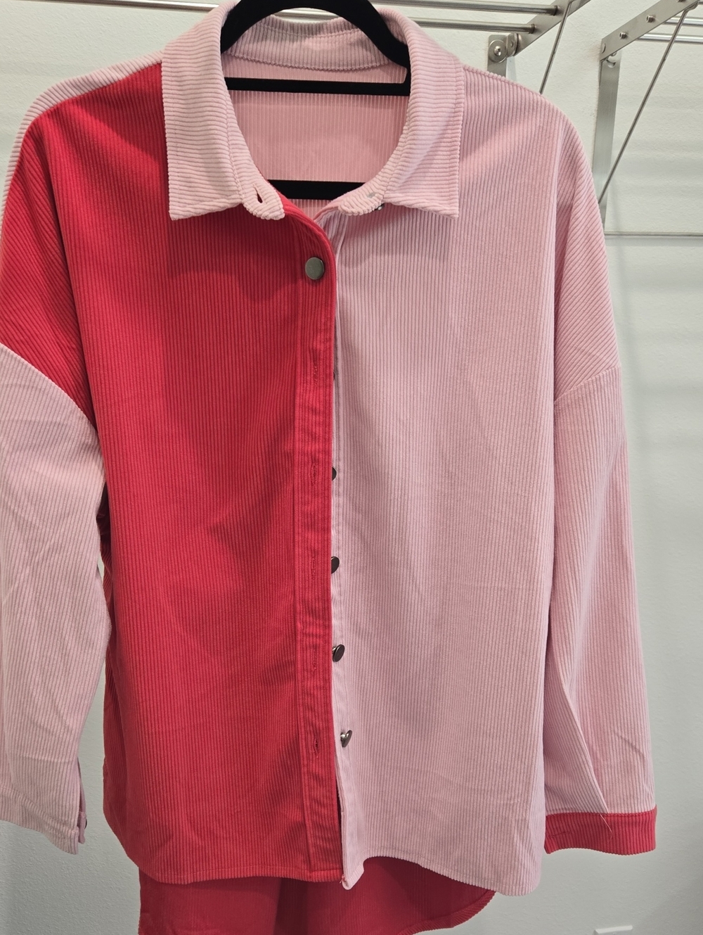 Colorblock Corduroy Button-Up Shirt in Red and Light Pink